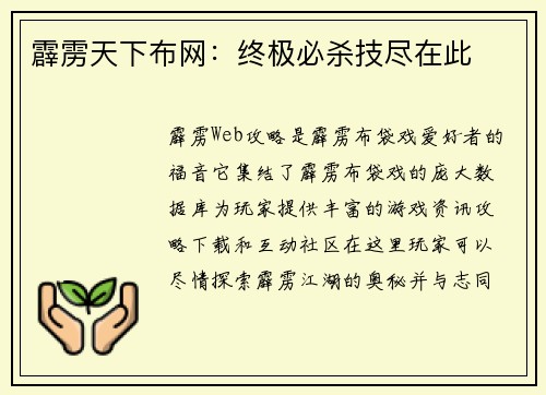霹雳天下布网：终极必杀技尽在此